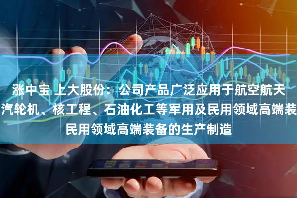 涨中宝 上大股份：公司产品广泛应用于航空航天、燃气轮机及汽轮机、核工程、石油化工等军用及民用领域高端装备的生产制造