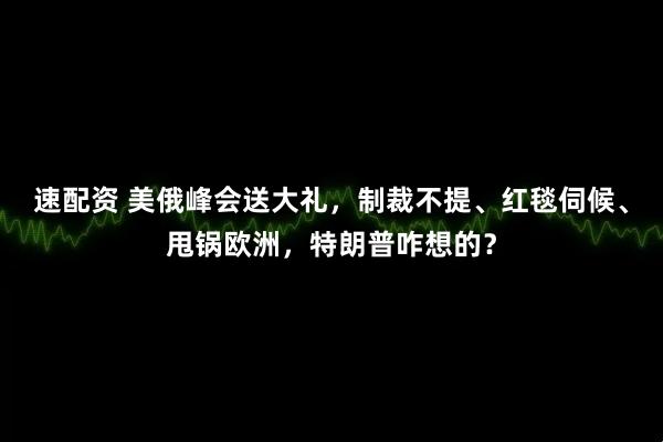 速配资 美俄峰会送大礼，制裁不提、红毯伺候、甩锅欧洲，特朗普咋想的？